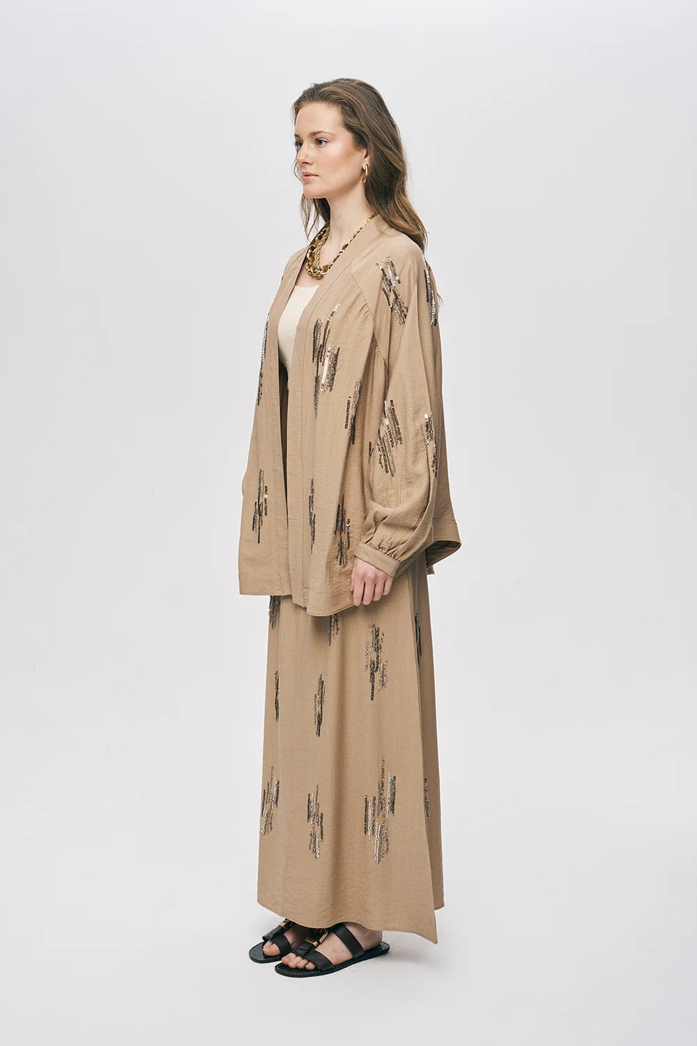 Glow Sequin & Beaded Oversized Viscose Kimono – Camel