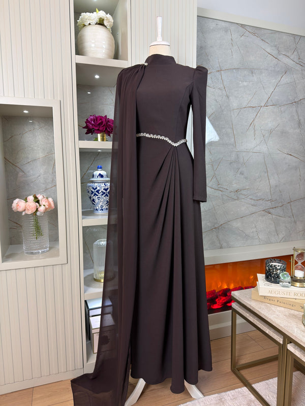 Rosie Brown Pleated Gown | Stone Embellished Cape & Belted Maxi Dress