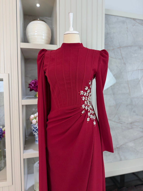 Burgundy Beaded Long Sleeve Evening Gown