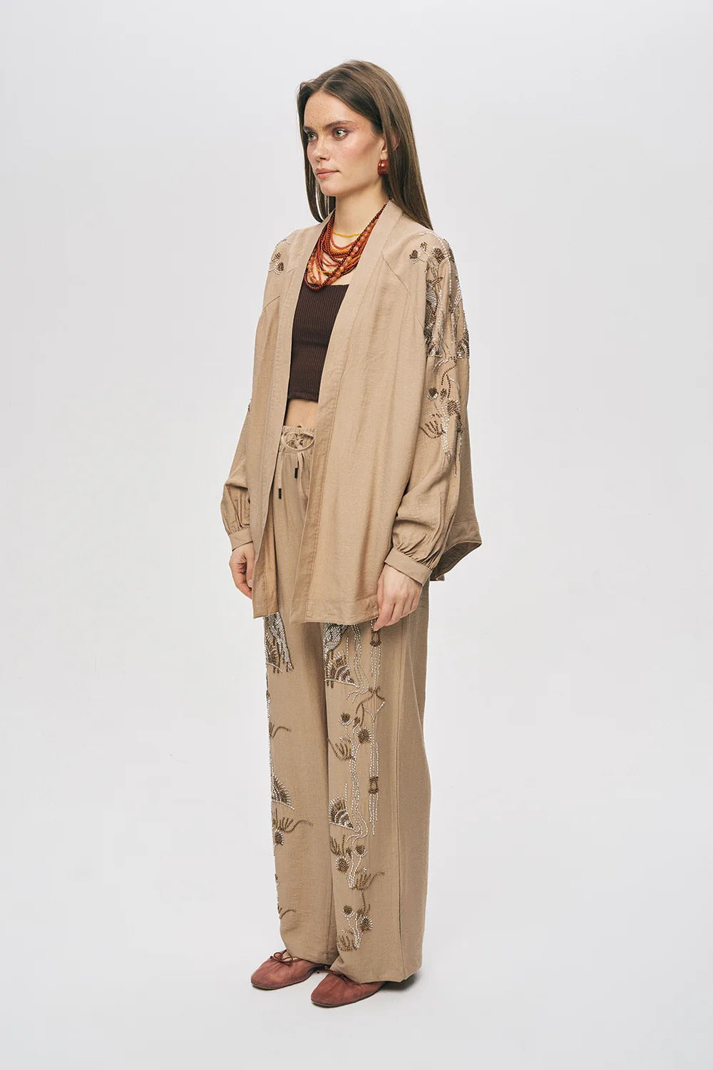 Limited Collection Oriental Bird & Floral Beaded Oversized Kimono – Beige