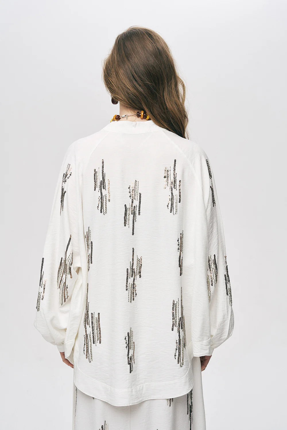 Glow Sequin & Beaded Oversized Viscose Kimono – Ecru