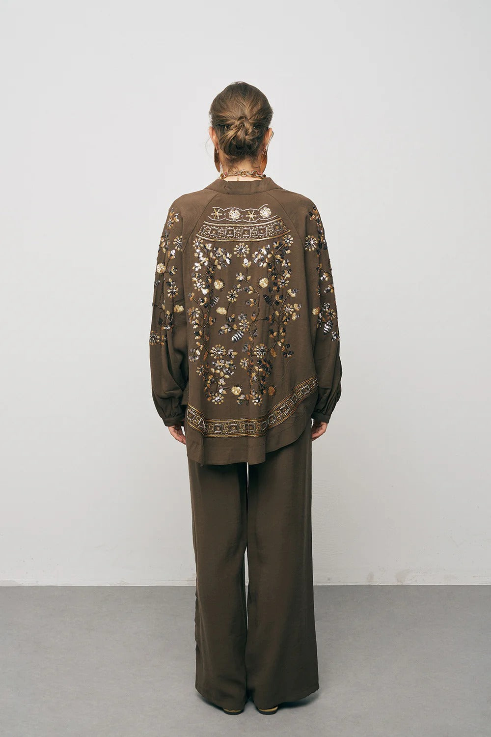 Limited Collection Elegant Sparkle Sequin & Beaded Oversized Kimono – Brown