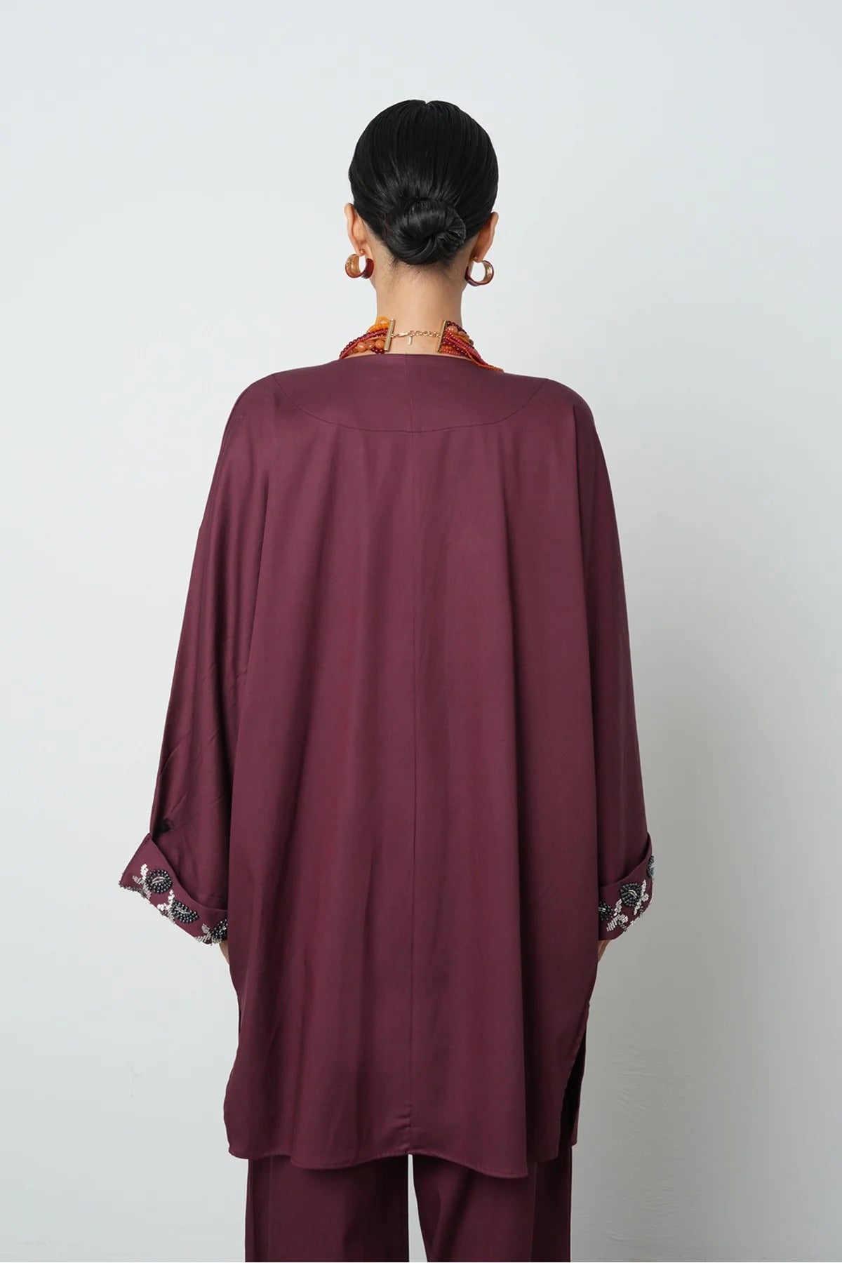 Limited Collection Beaded Collar & Sleeve Detail Oversized Long Kimono – Burgundy