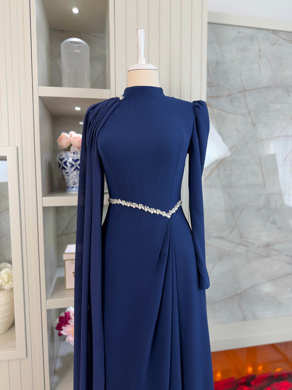 Rosie Navy Blue Pleated Gown | Stone Embellished Cape & Belted Maxi Dress