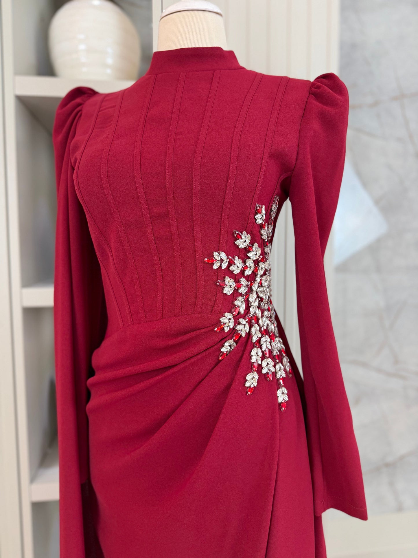 Burgundy Beaded Long Sleeve Evening Gown