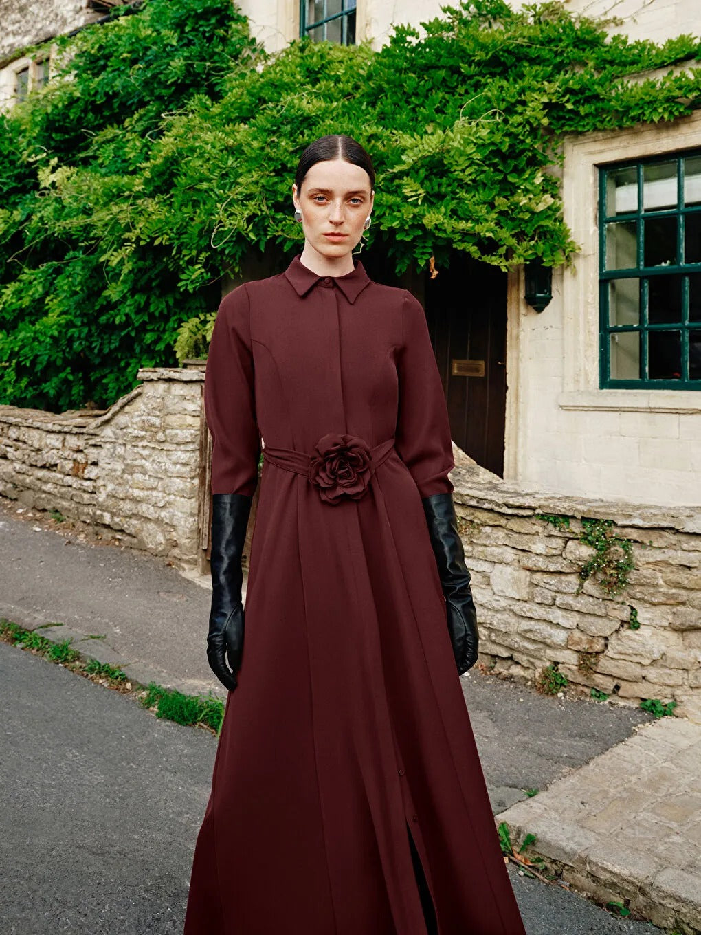 Limited Collection Burgundy Belted Crepe Shirt Dress