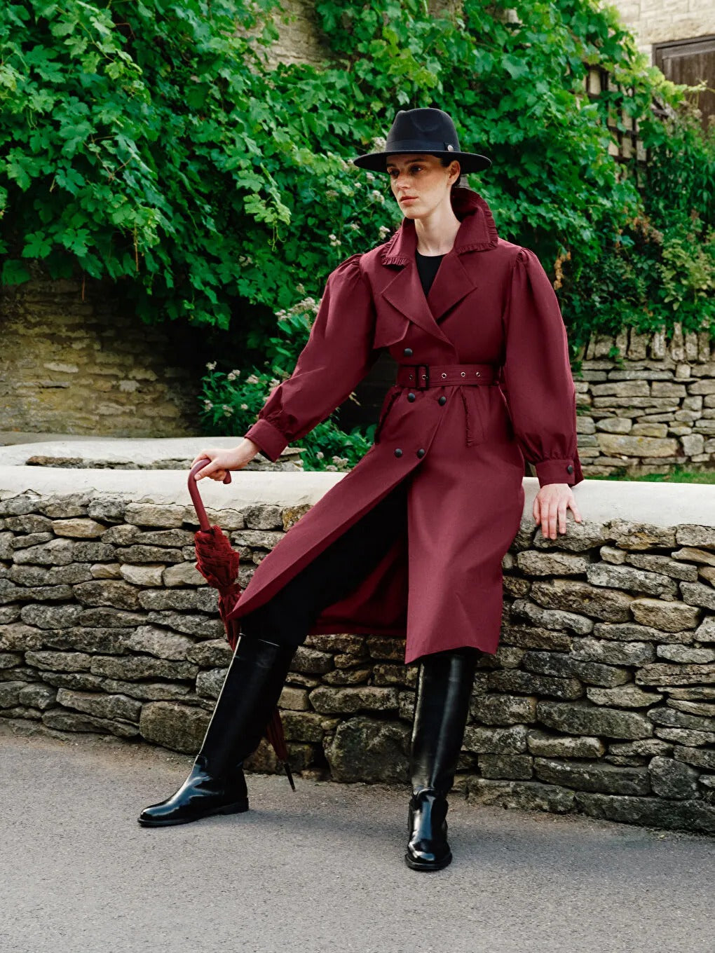 Burgundy Double-Breasted Women's Trench Coat