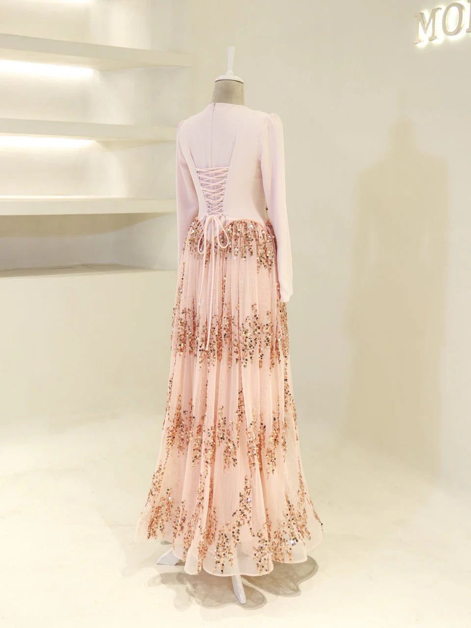 Nada Satin and Tulle Modest Evening Dress -Poudra