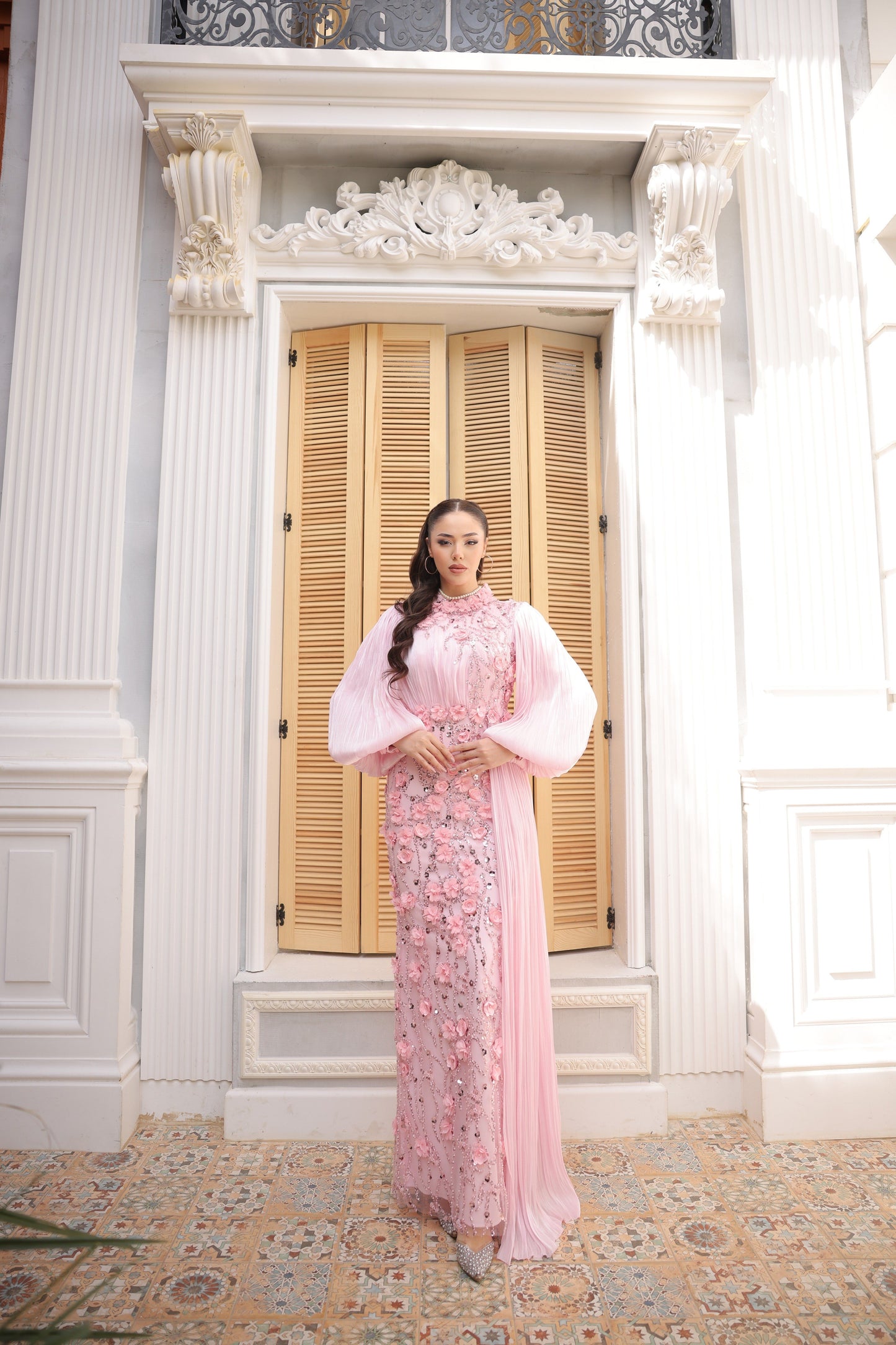 Roxanne Beaded Modest Evening Gown - Pink