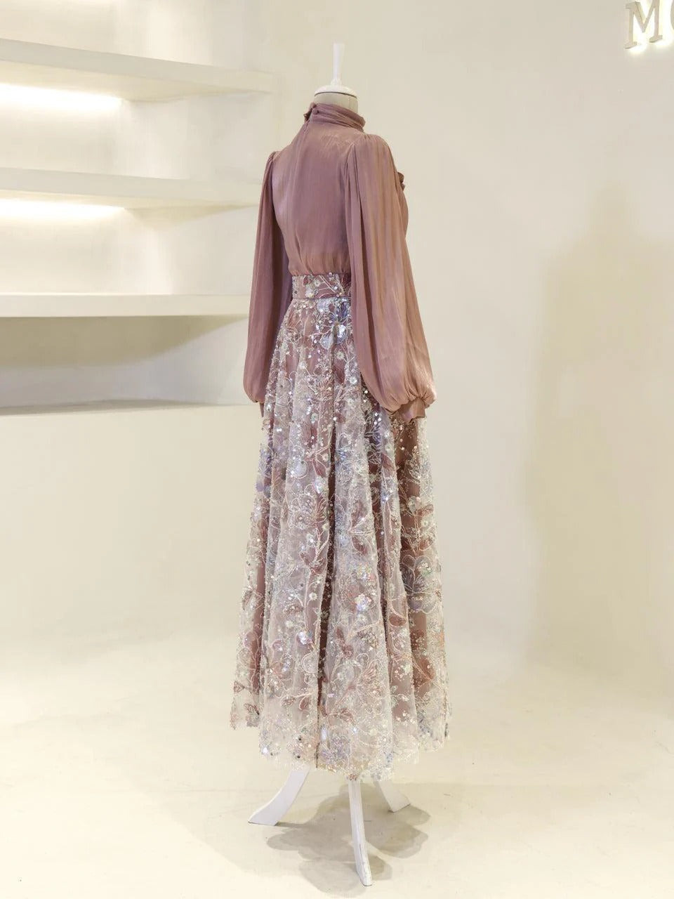 Lisbonne Orchid & Embroidery Modest Evening Gown - Rose