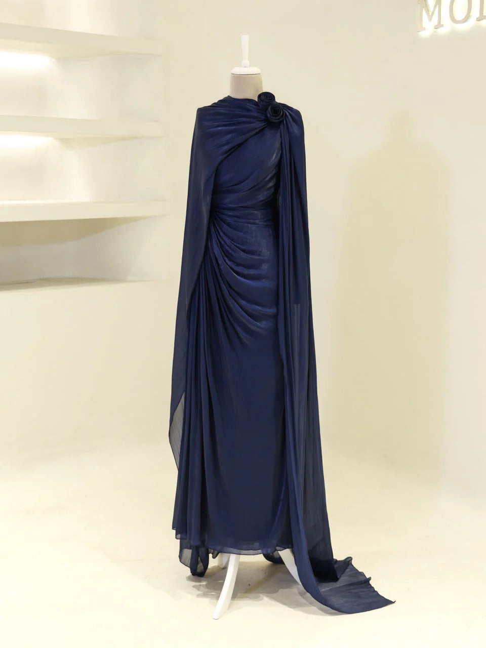 Orchid Fabric Flare Modest Evening Dress - Navy Blue
