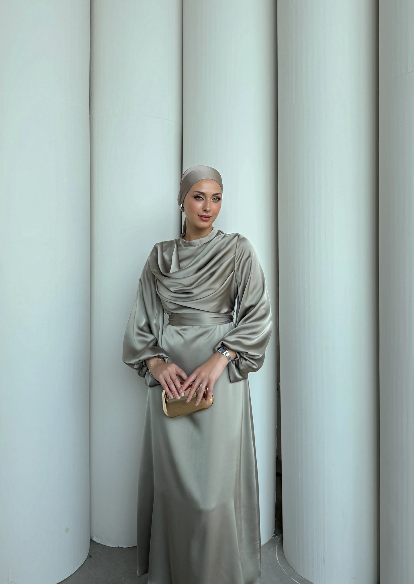 Silky Satin Cowl Neck Taupe Maxi Evening Dress