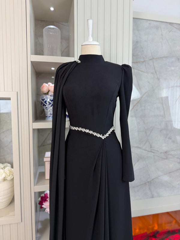 Rosie Black Pleated Gown | Stone Embellished Cape & Belted Maxi Dress