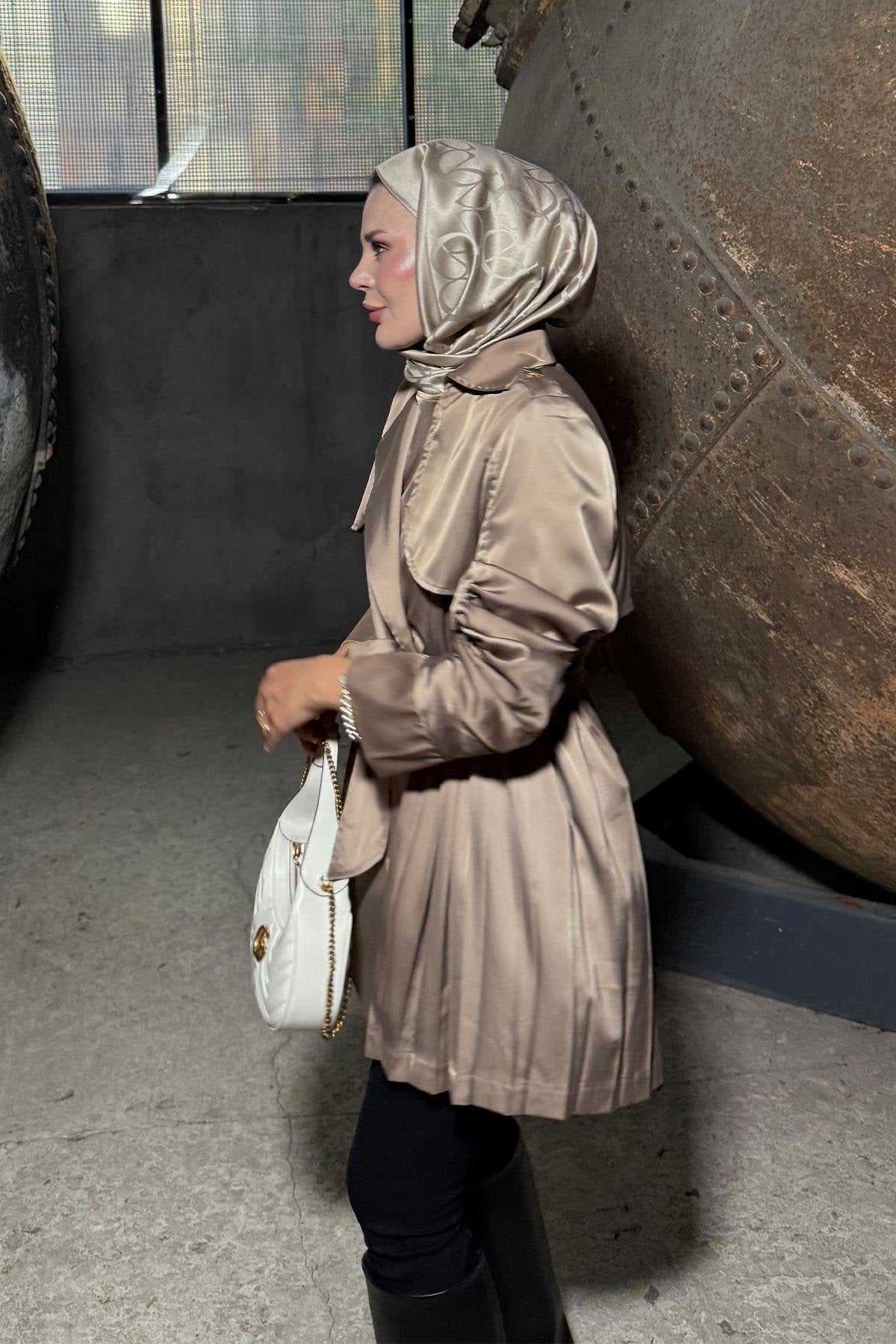 Satin Jacket with Ruched Sleeves and Back Pleats