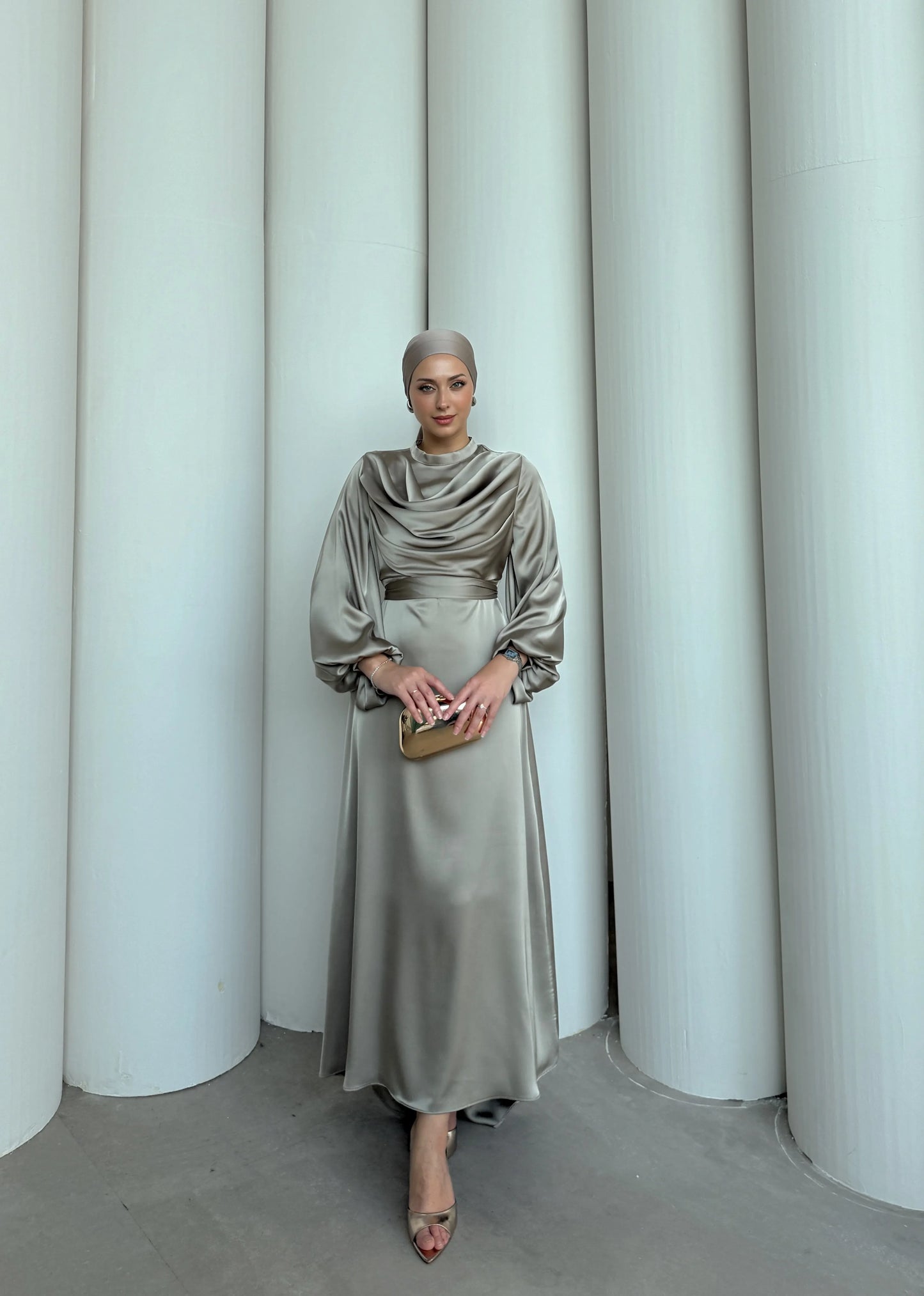 Silky Satin Cowl Neck Taupe Maxi Evening Dress
