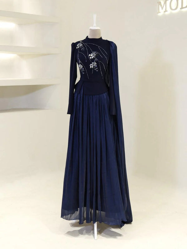 Beaded Embellished Maxi Evening Dress for Formal Events - Navy Blue