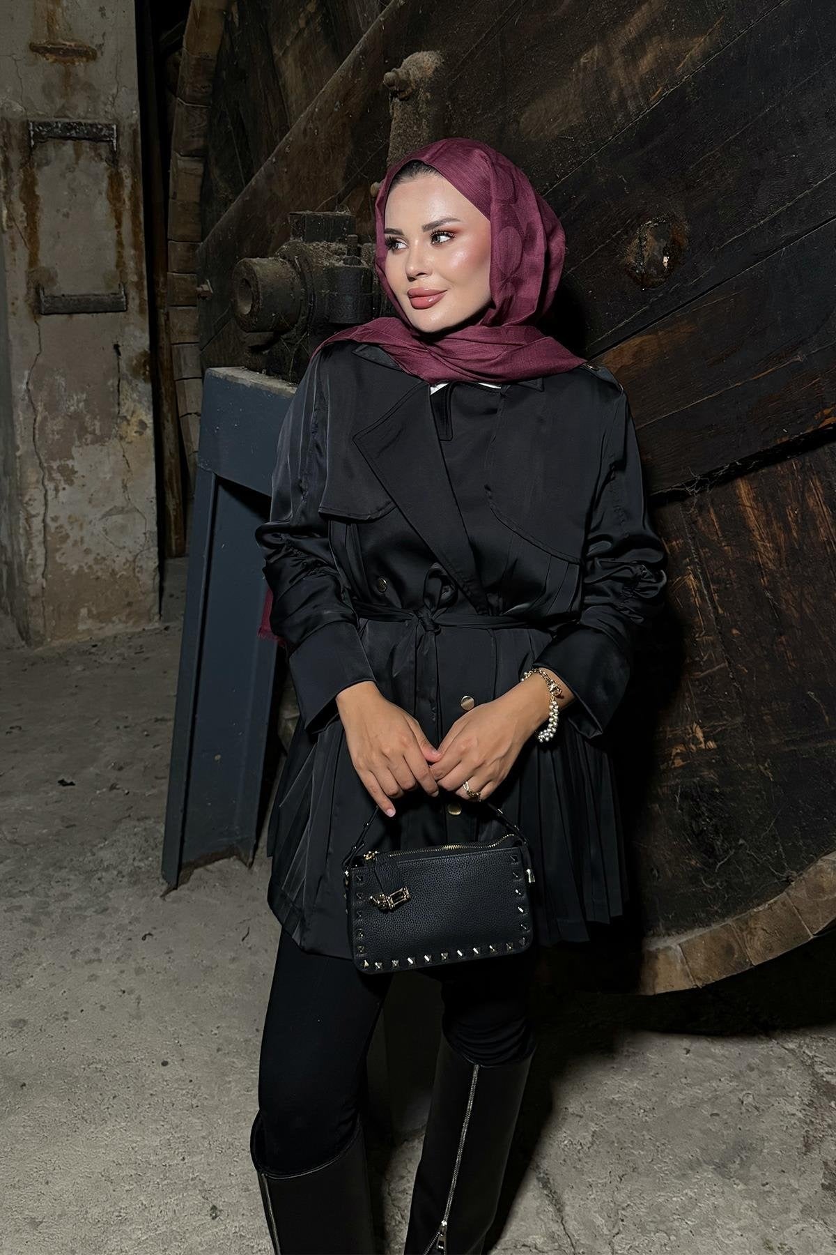 Black Satin Jacket with Ruched Sleeves and Back Pleats