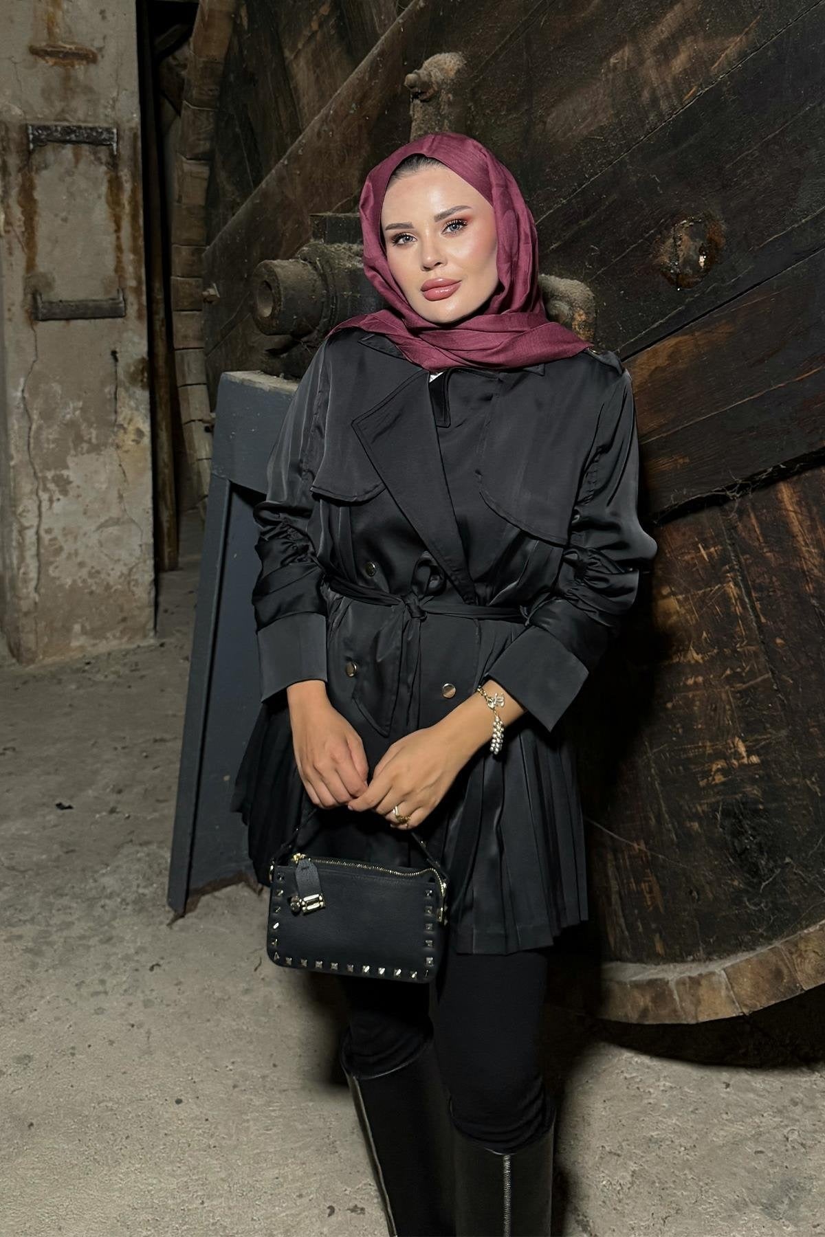 Black Satin Jacket with Ruched Sleeves and Back Pleats