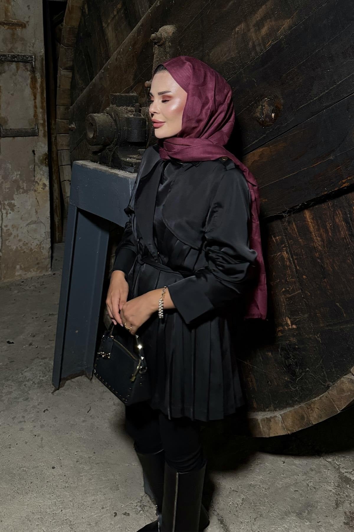 Black Satin Jacket with Ruched Sleeves and Back Pleats