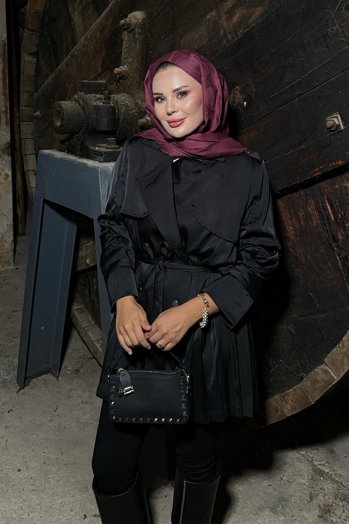 Black Satin Jacket with Ruched Sleeves and Back Pleats