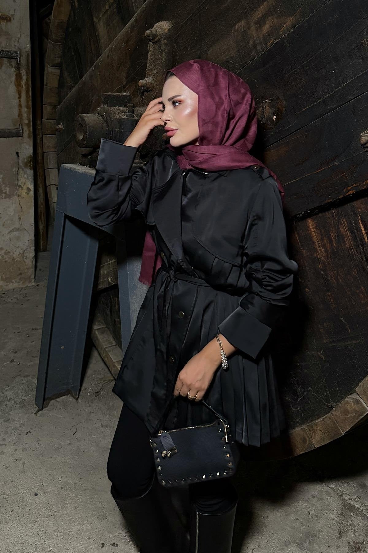 Black Satin Jacket with Ruched Sleeves and Back Pleats