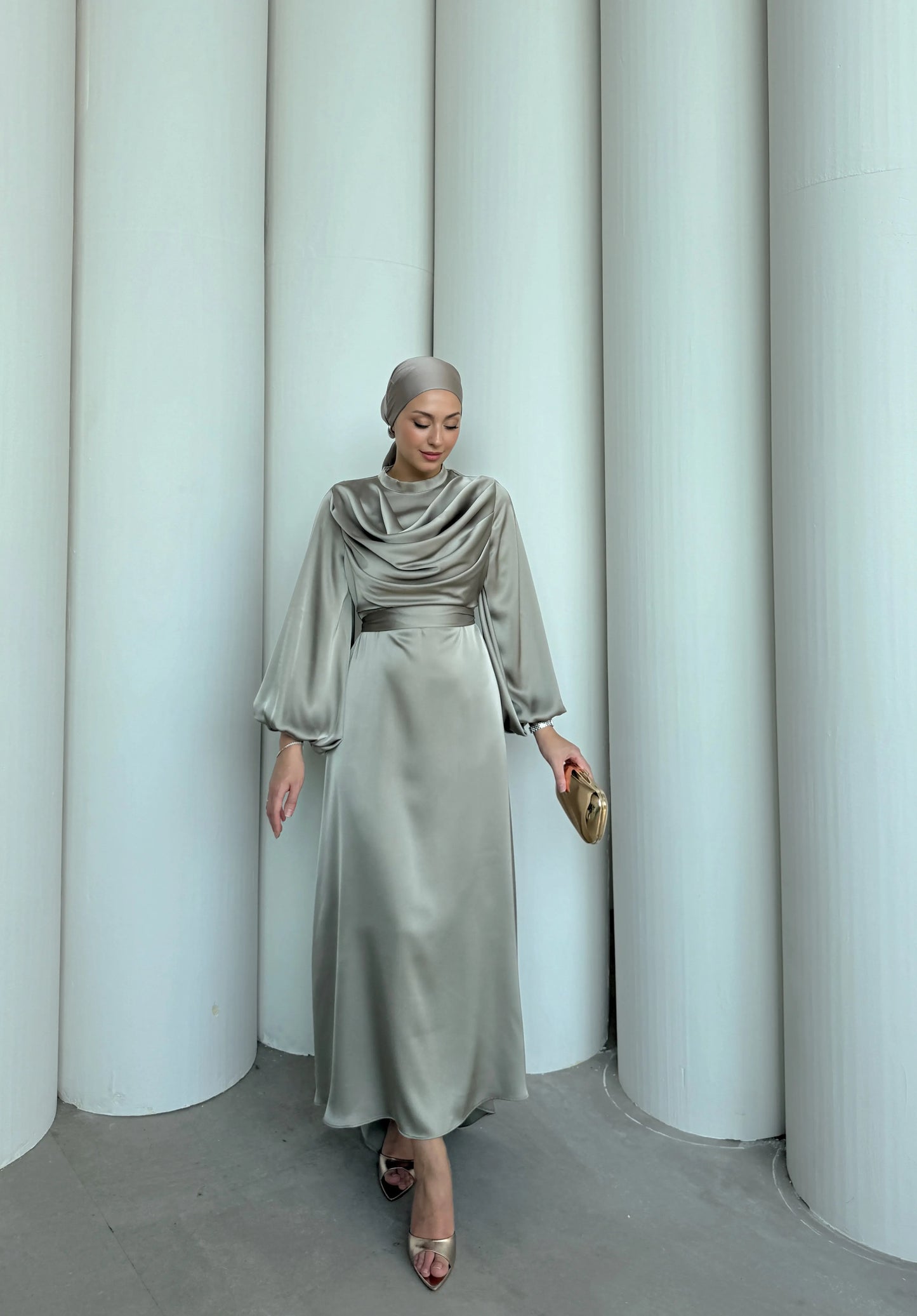 Silky Satin Cowl Neck Taupe Maxi Evening Dress
