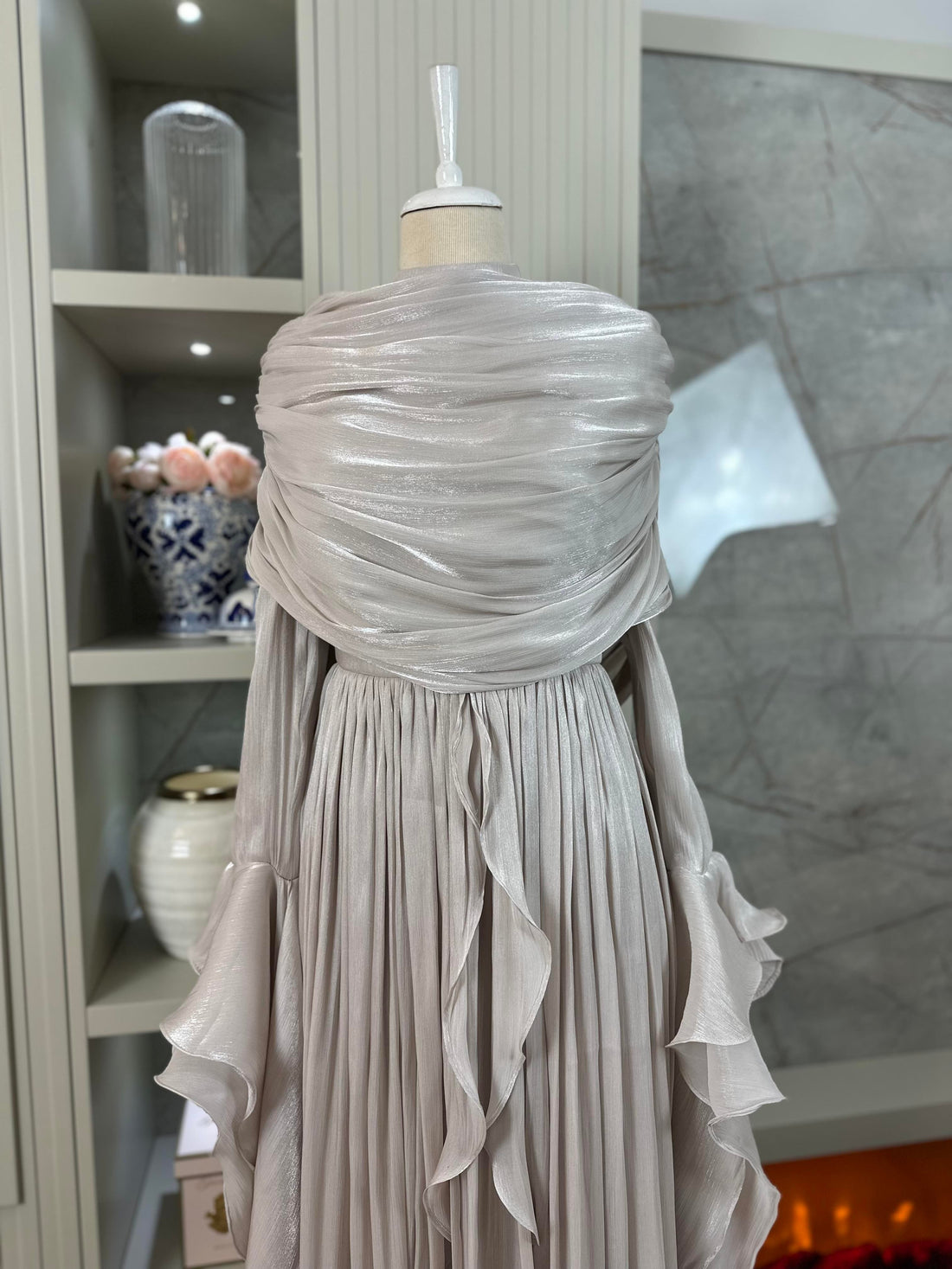 Beige Chiffon Modest Evening Gown