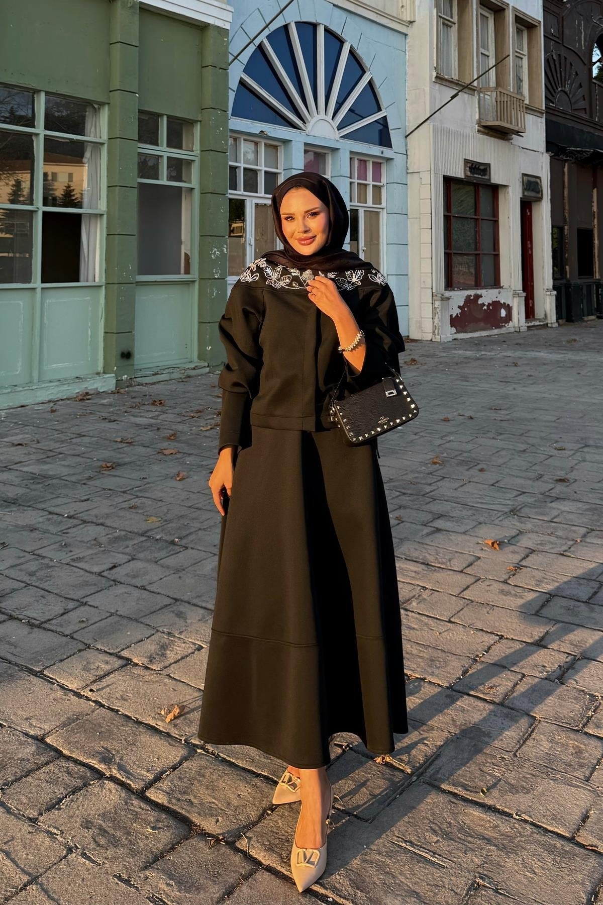 Black Scuba Skirt Co-Ord with Stone-Embellished Neckline