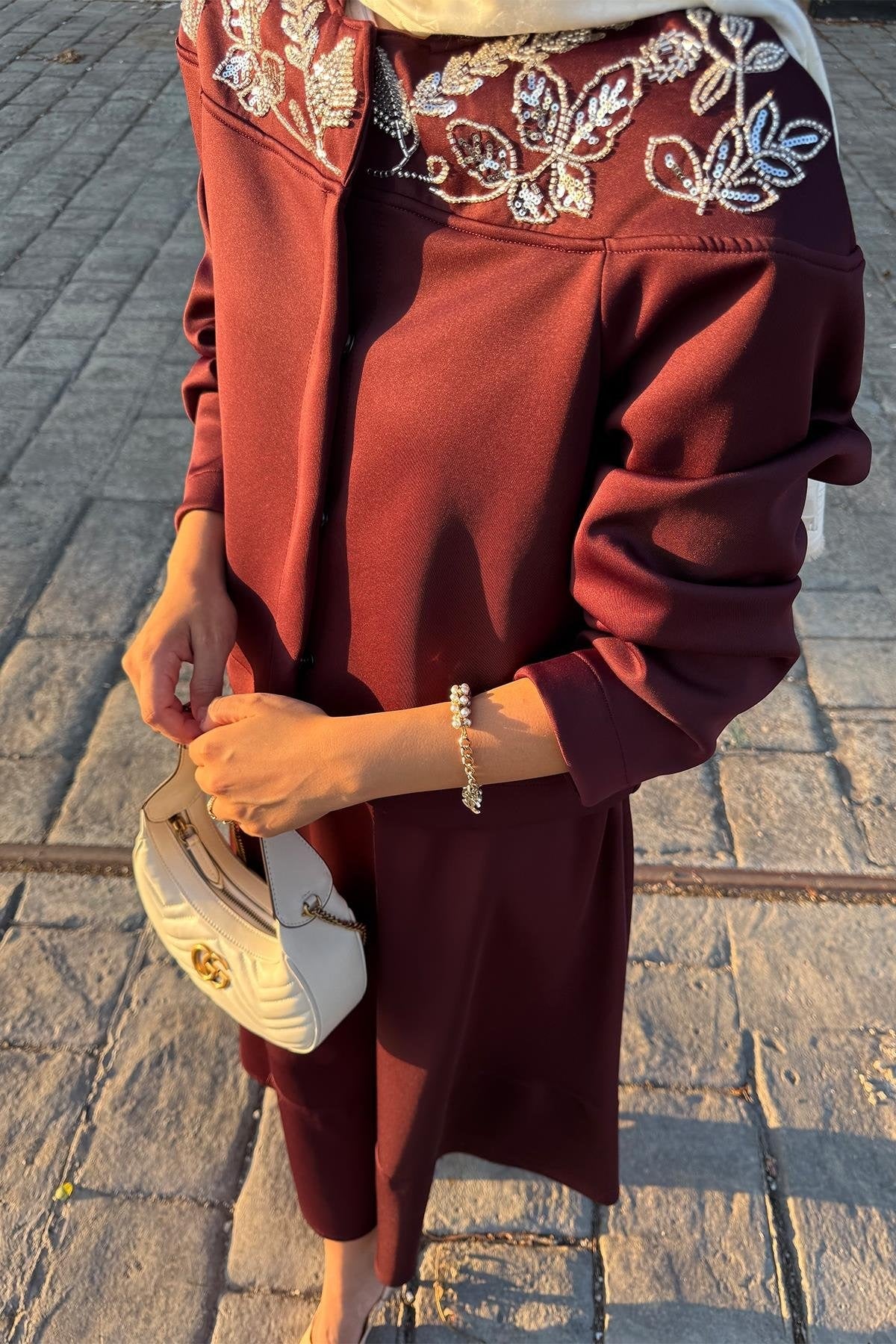 Burgundy Scuba Skirt Co-Ord with Stone-Embellished Neckline