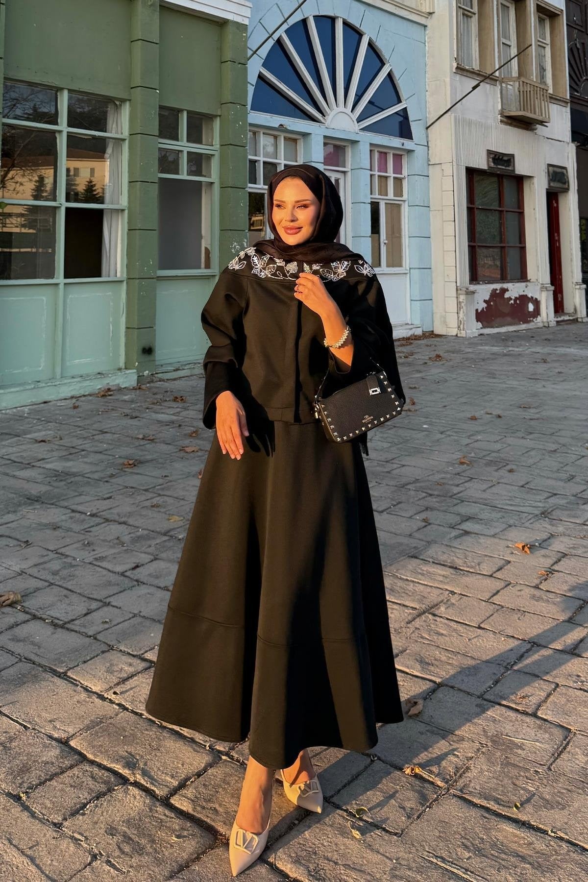 Black Scuba Skirt Co-Ord with Stone-Embellished Neckline
