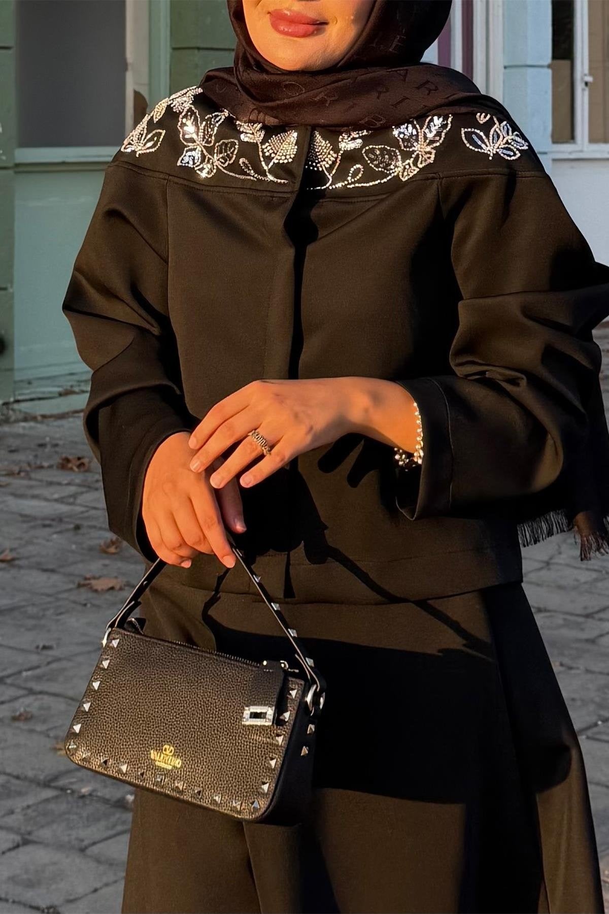 Black Scuba Skirt Co-Ord with Stone-Embellished Neckline