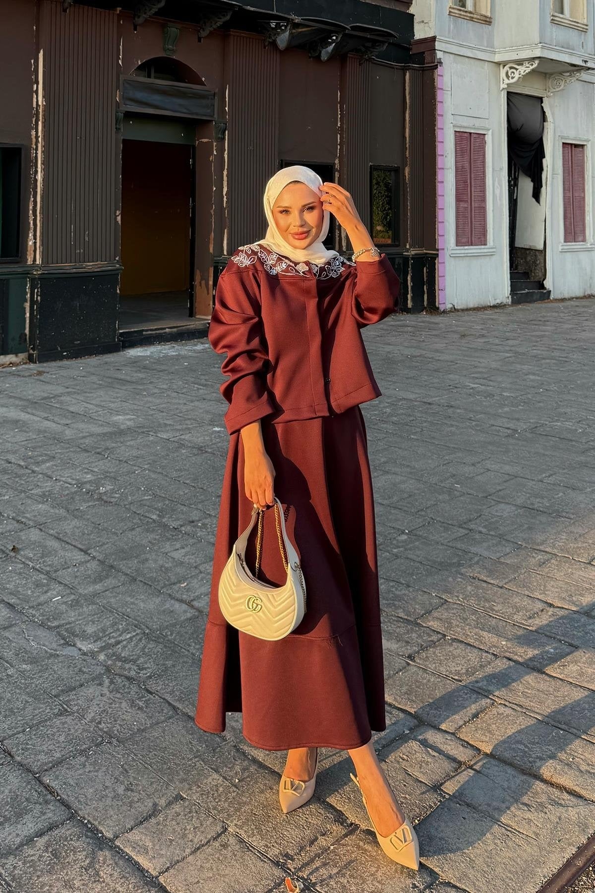 Burgundy Scuba Skirt Co-Ord with Stone-Embellished Neckline