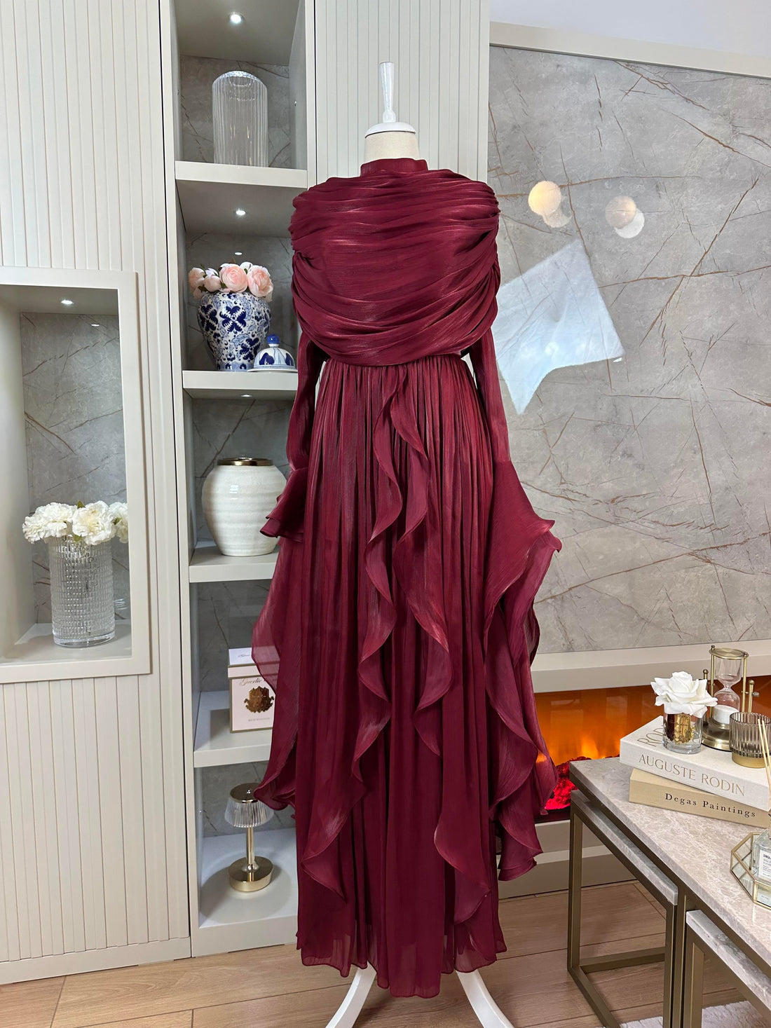 Burgundy Chiffon Modest Evening Gown