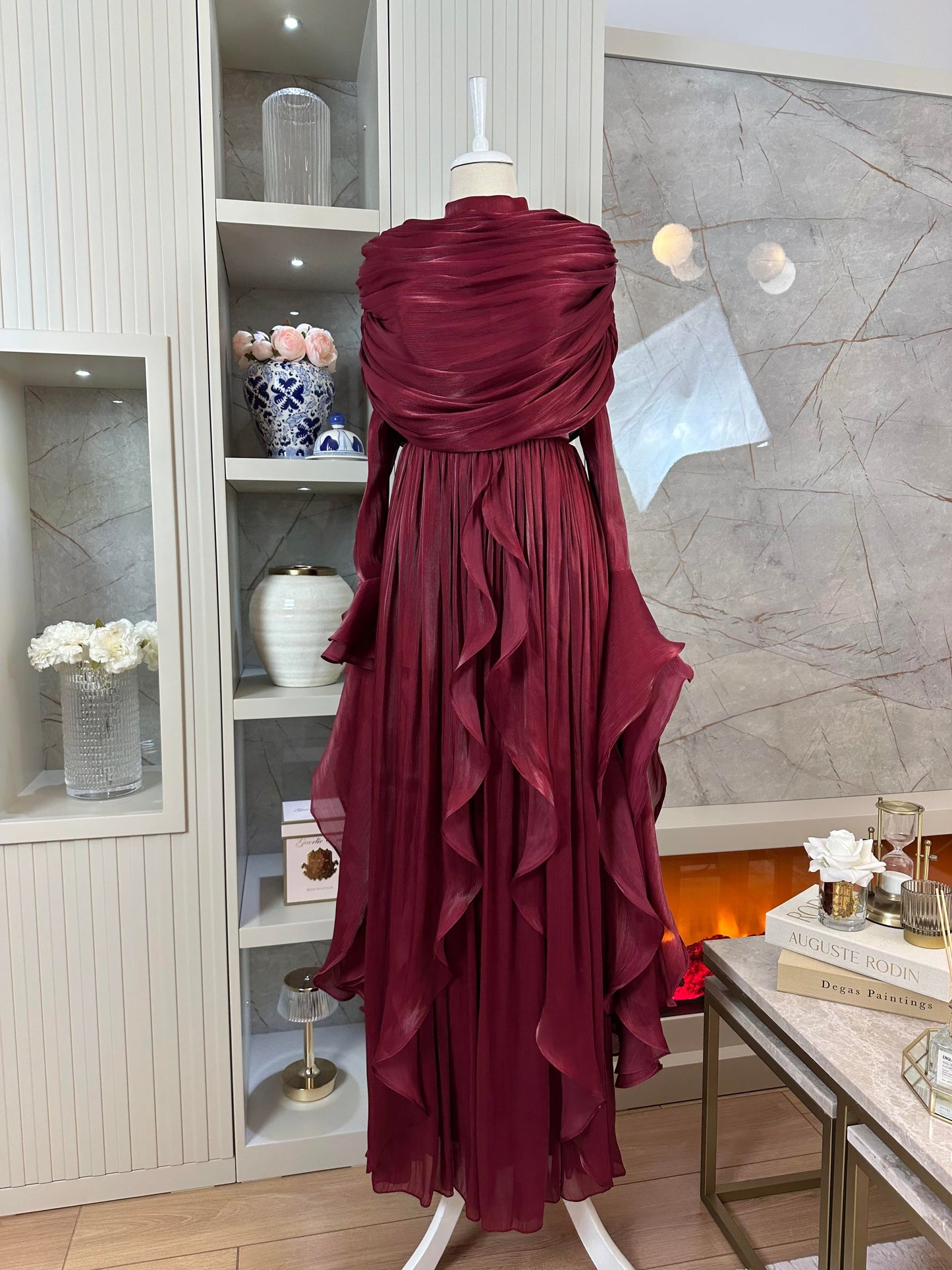 Burgundy Chiffon Modest Evening Gown