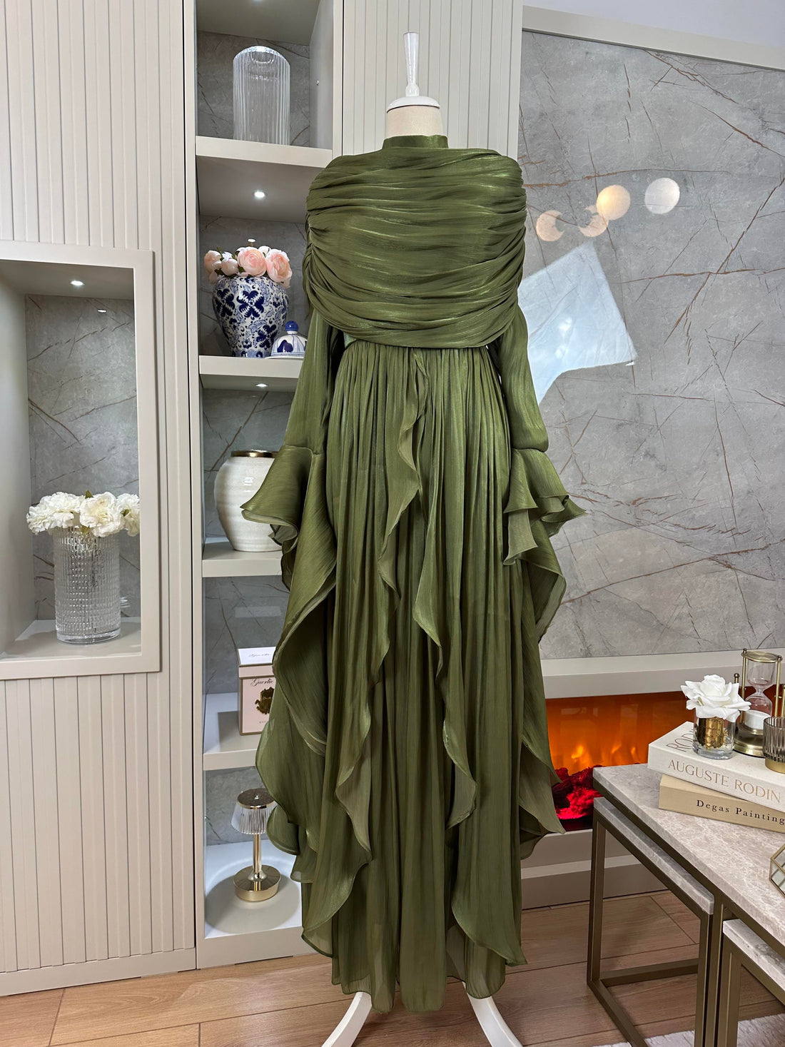 Khaki Chiffon Modest Evening Gown