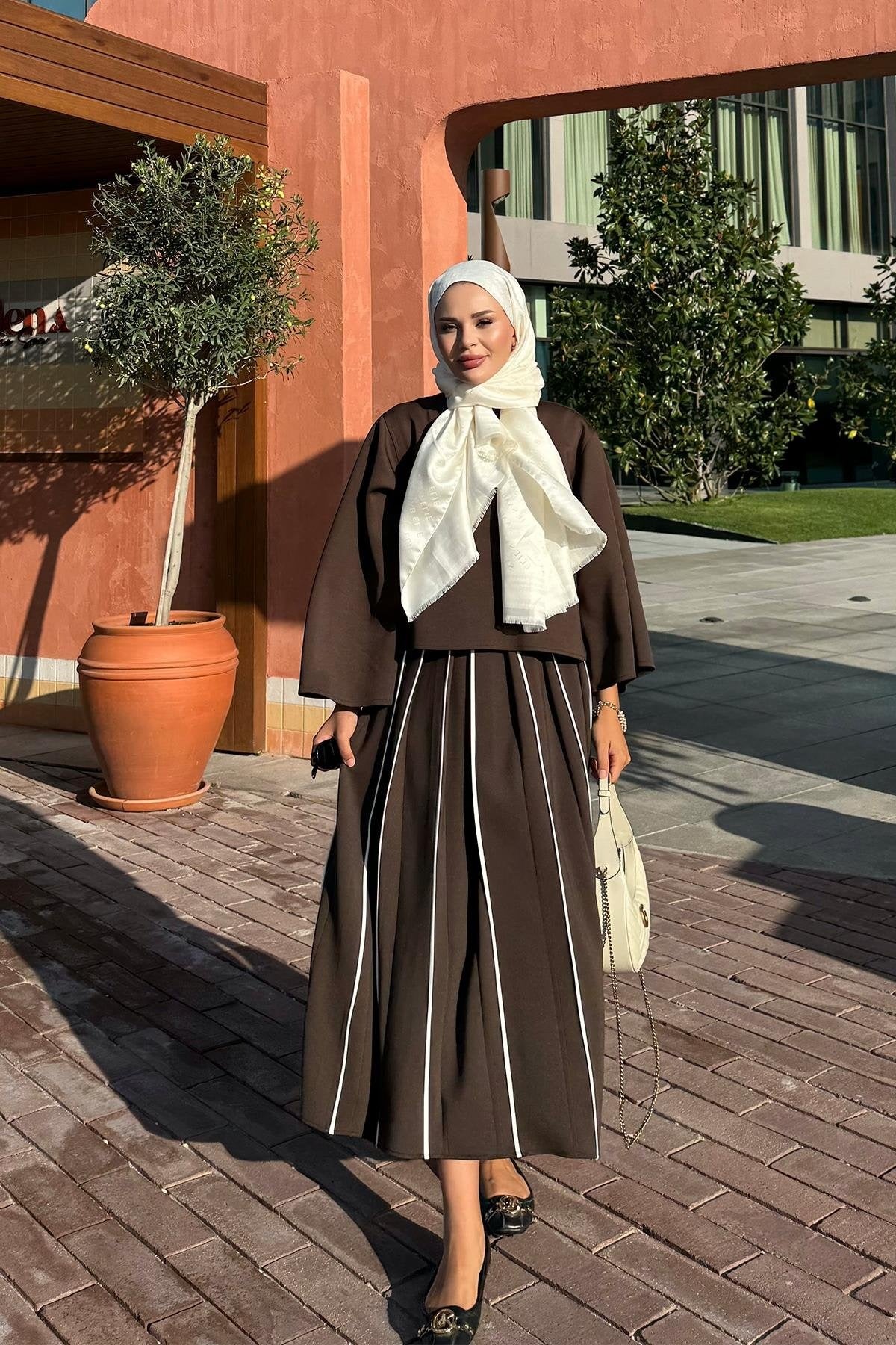 Brown Scuba Skirt Co-Ord with Contrast Piping