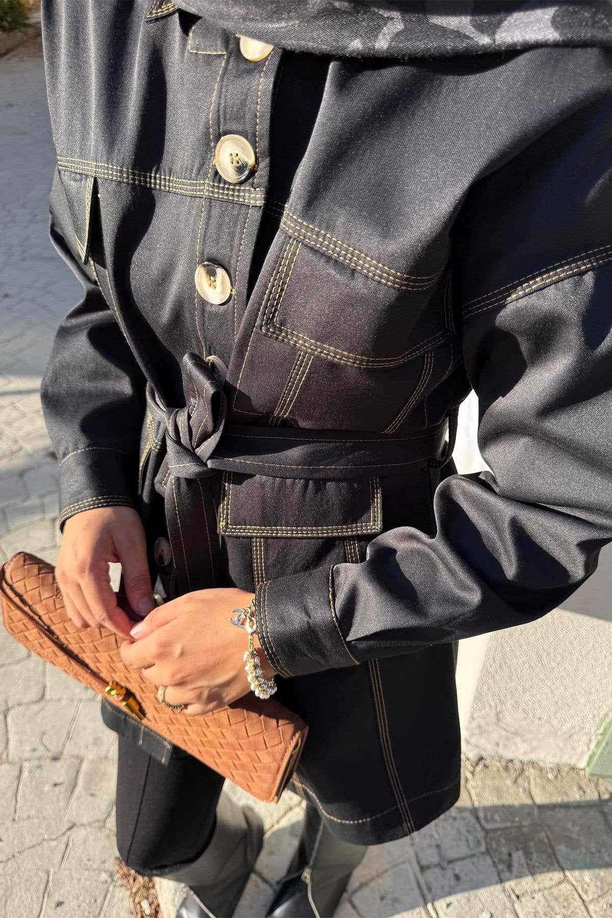 Black Jacket with Tailored Waist & Stitch Detail