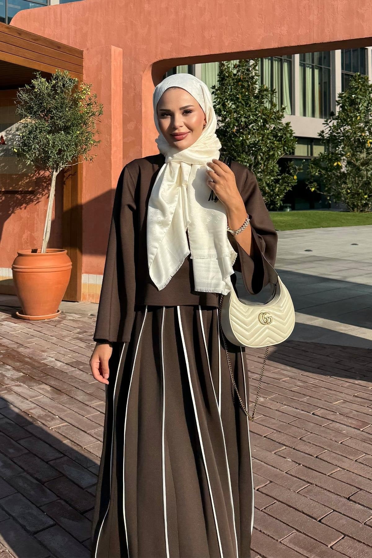 Brown Scuba Skirt Co-Ord with Contrast Piping