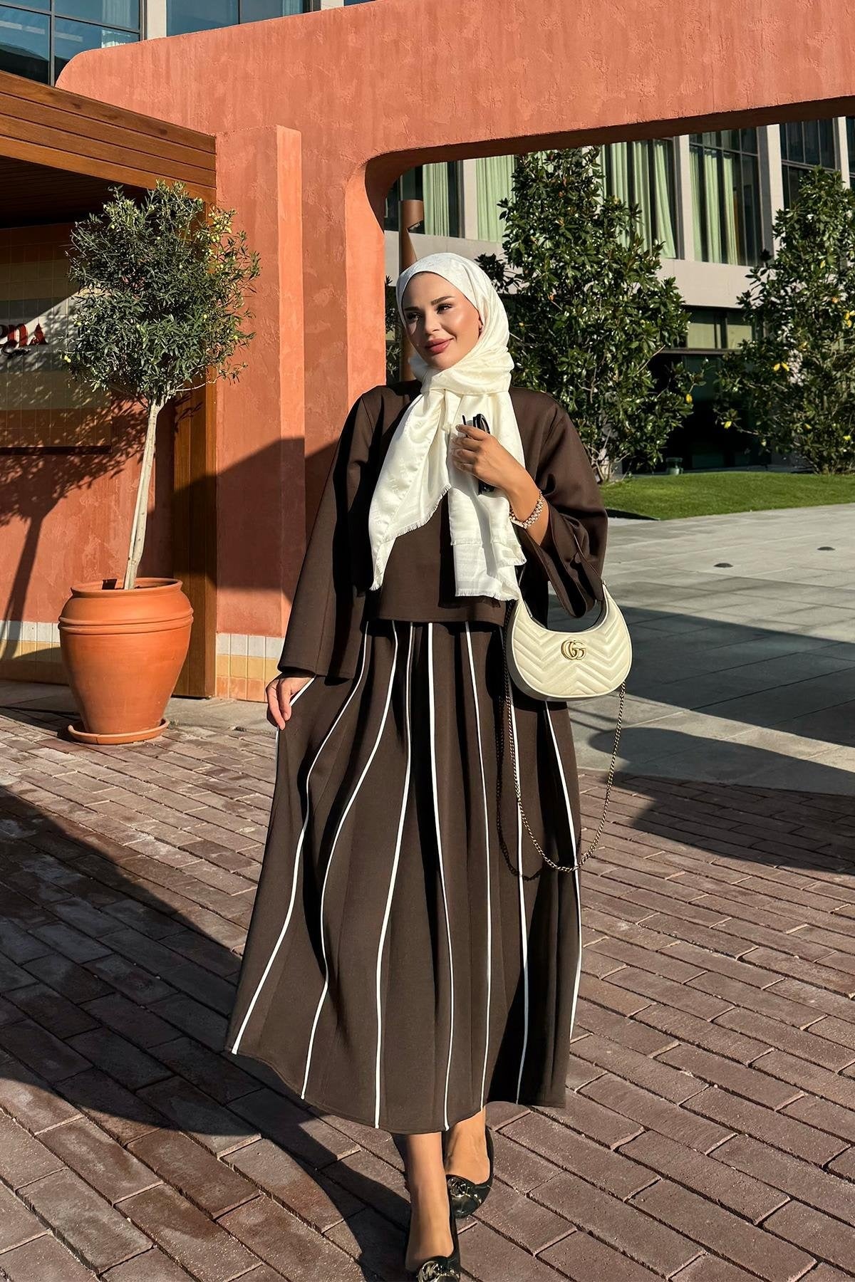 Brown Scuba Skirt Co-Ord with Contrast Piping