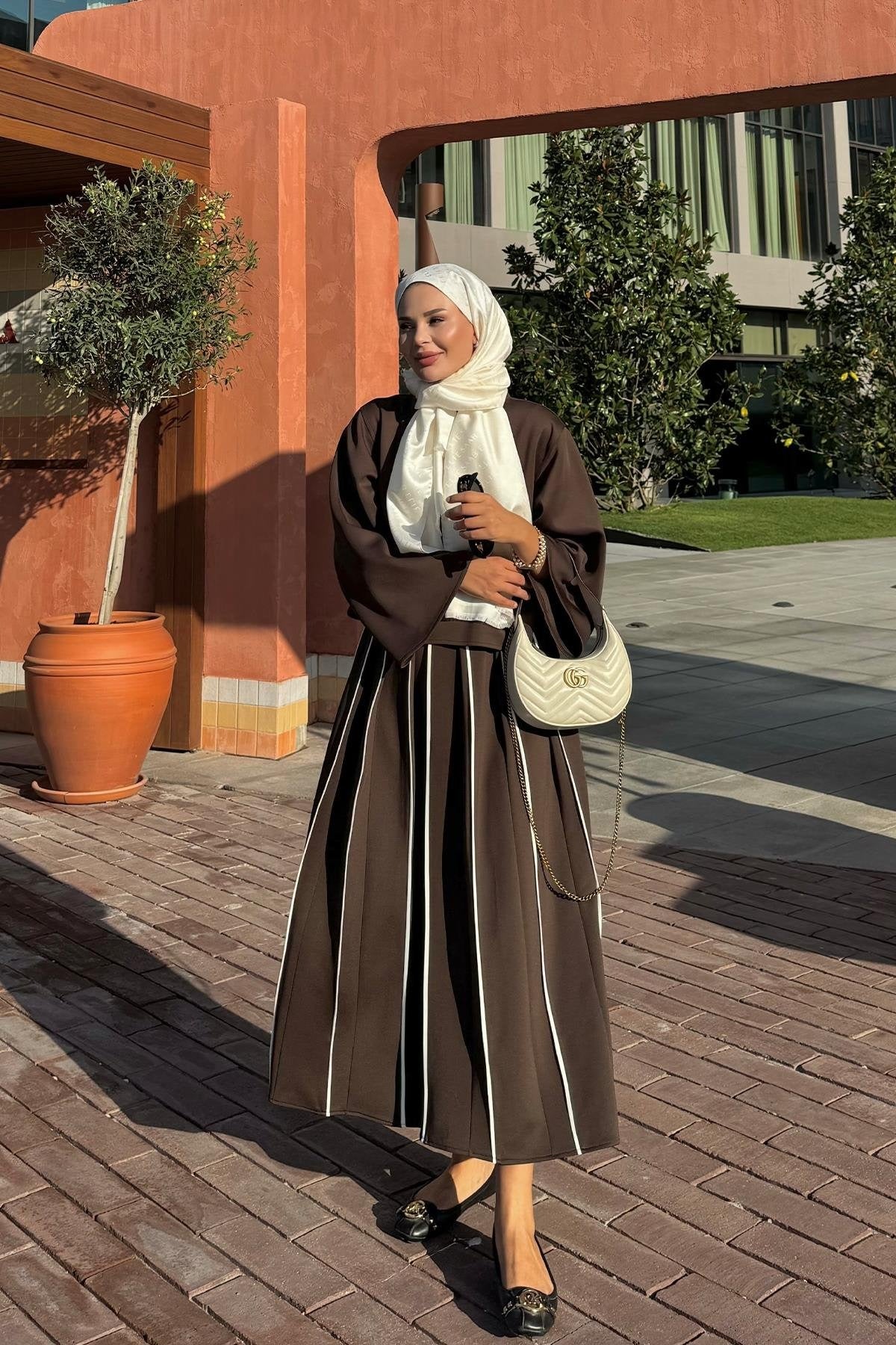 Brown Scuba Skirt Co-Ord with Contrast Piping