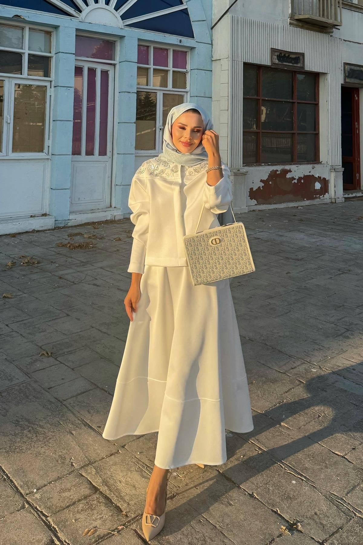 Ecru Scuba Skirt Co-Ord with Stone-Embellished Neckline