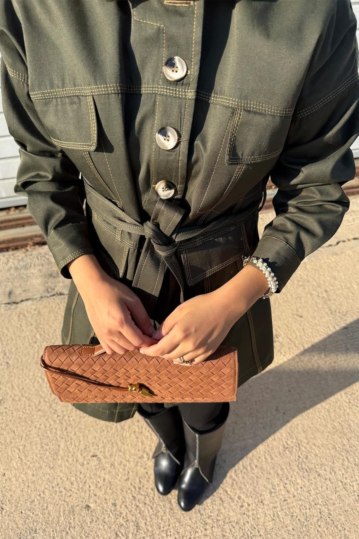 Khaki Jacket with Tailored Waist & Stitch Detail