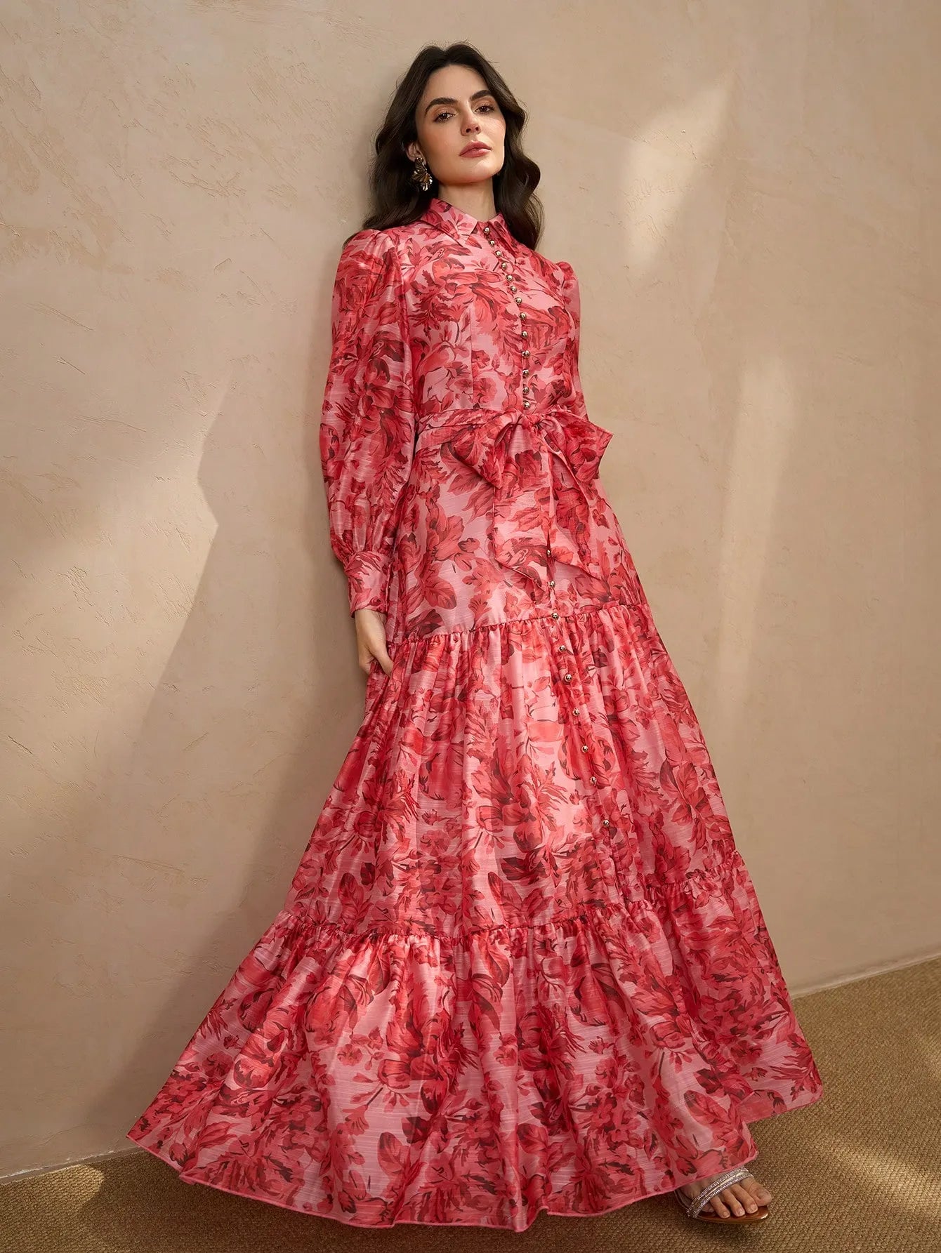 Vintage Printed Layered Button-Decor Skirt Dress