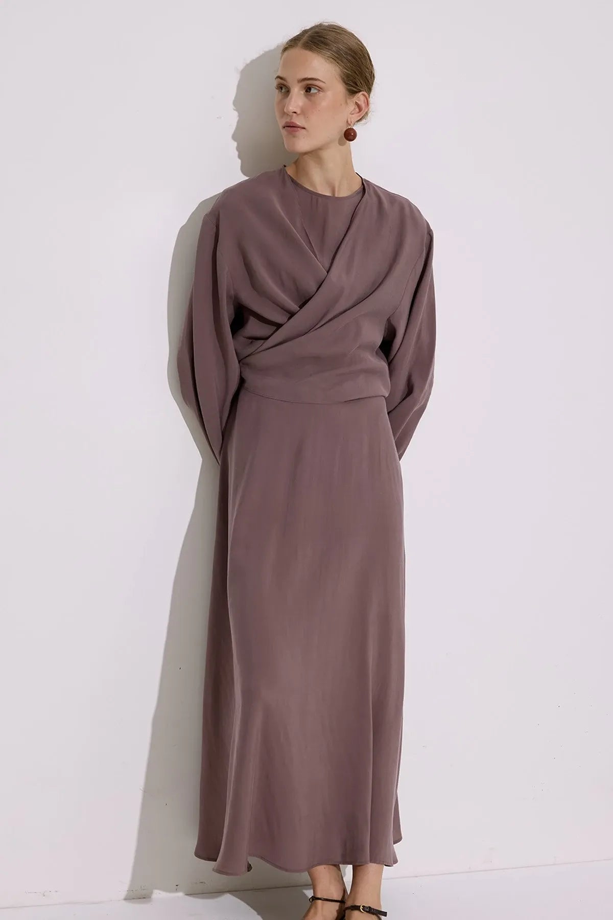 Elegant Draped Modal Wrap Dress – Dusty Rose