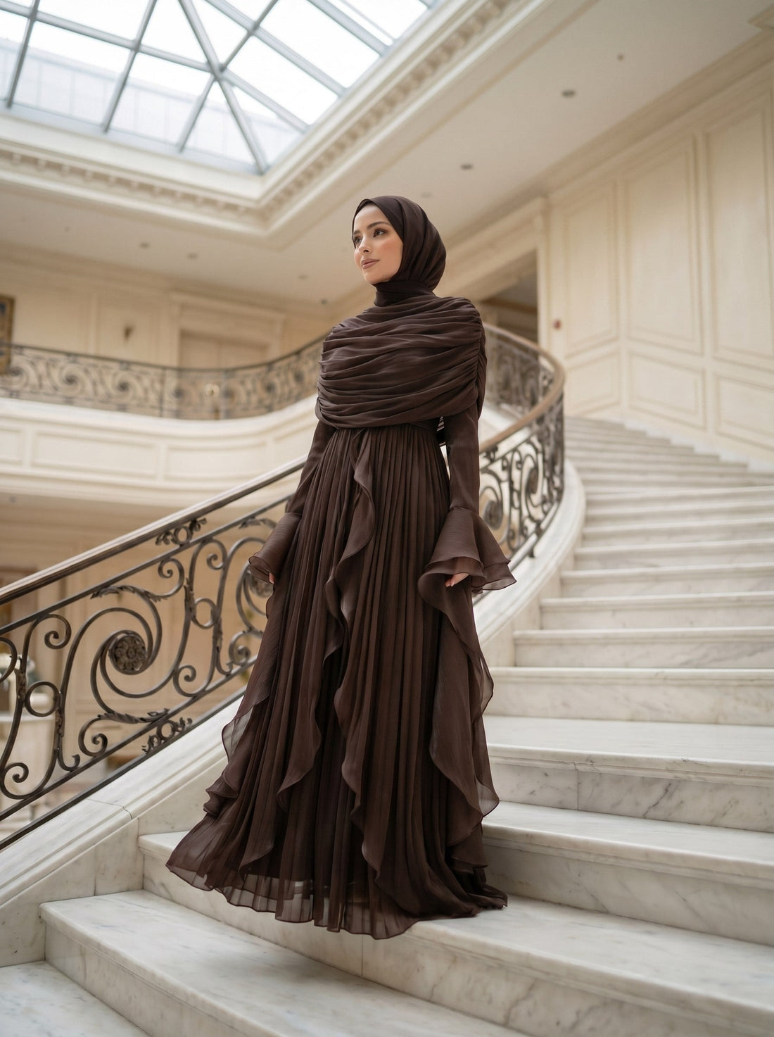 Brown Chiffon Modest Evening Gown