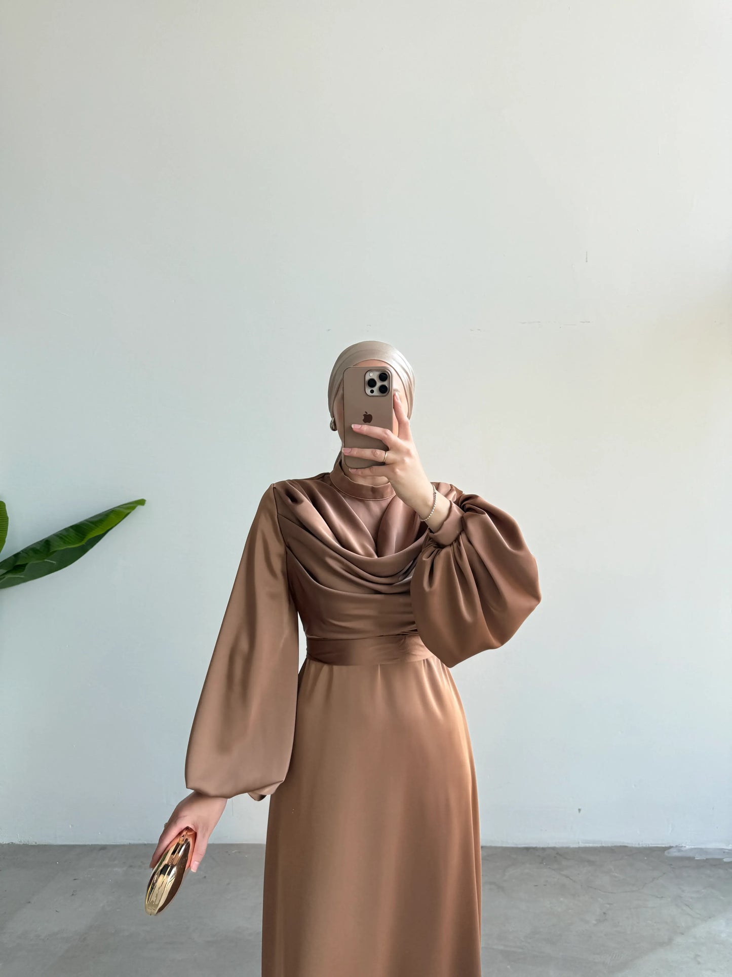 Silky Satin Cowl Neck Bronze Maxi Evening Dress