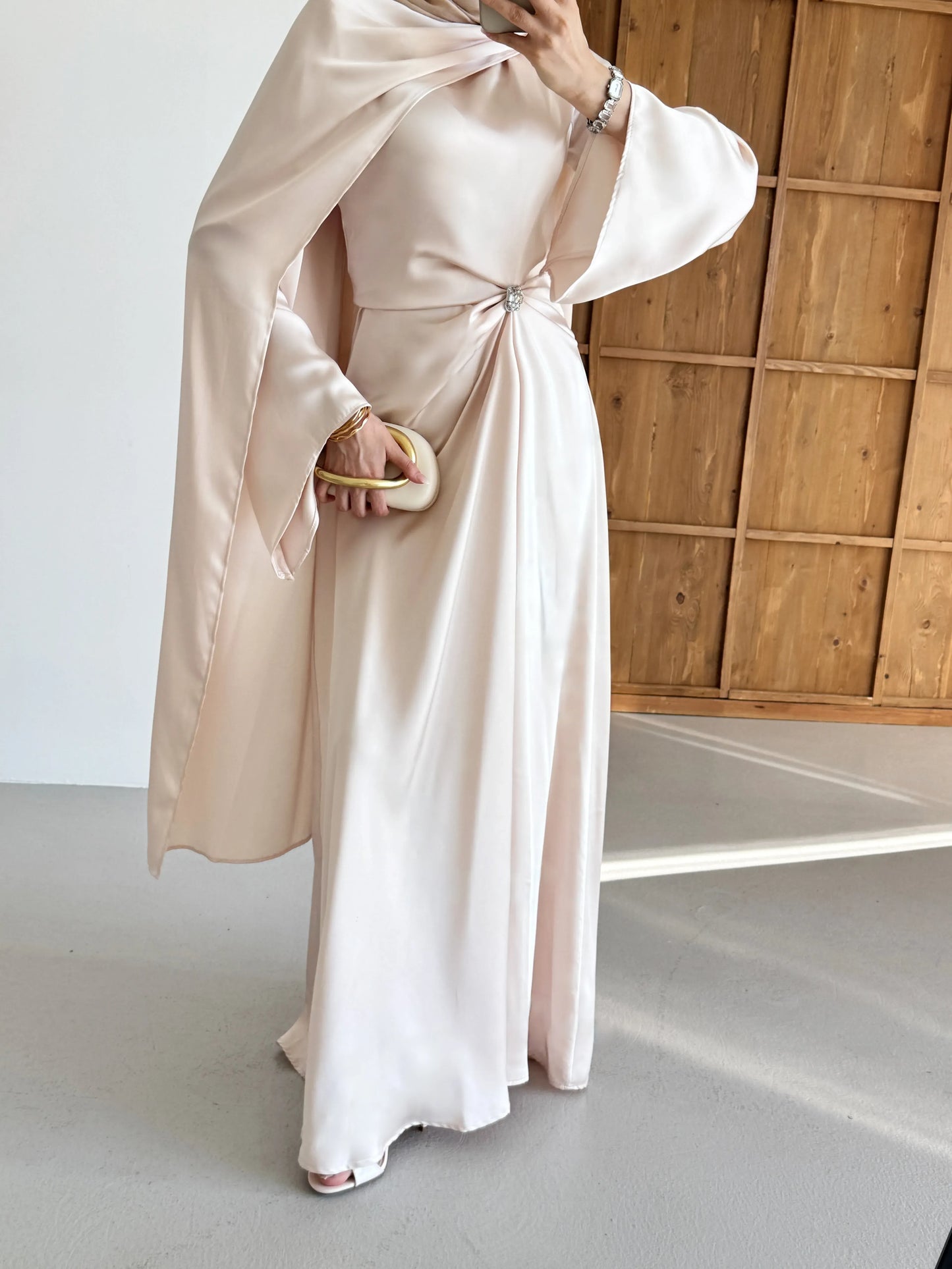 Brooch Detailed Silky Satin Beige Evening Dress