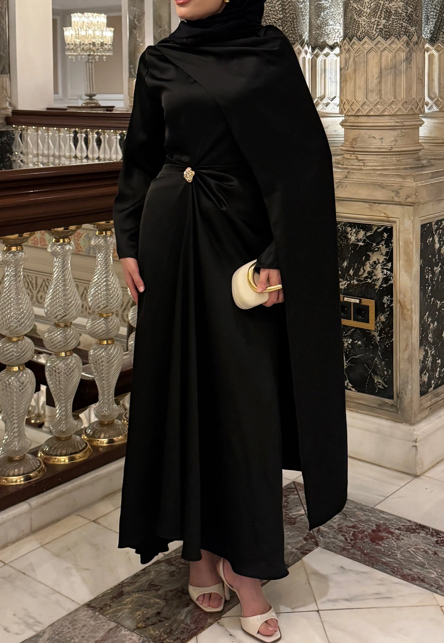 Brooch Detailed Silky Satin Black Evening Dress