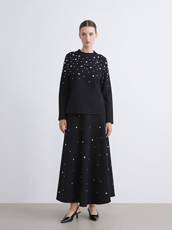 Metal-Appliqué Flared Skirt- Black