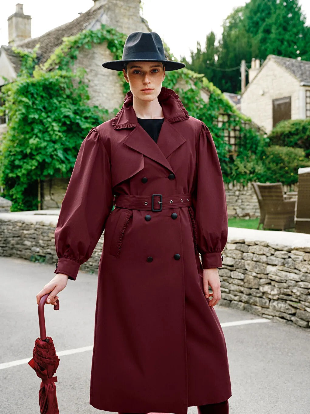 Burgundy Double-Breasted Women's Trench Coat
